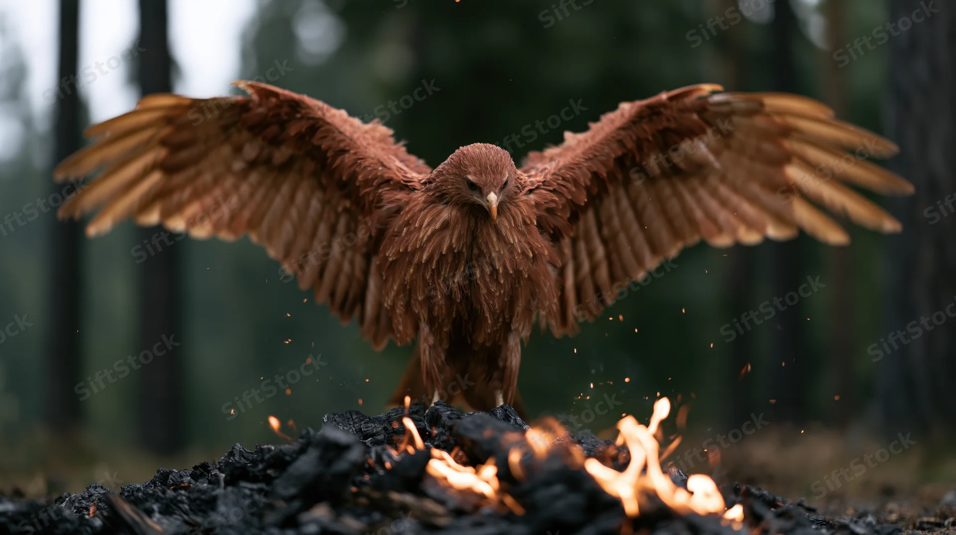 Red-orange hawk with wings spread standing on burning ground in forest