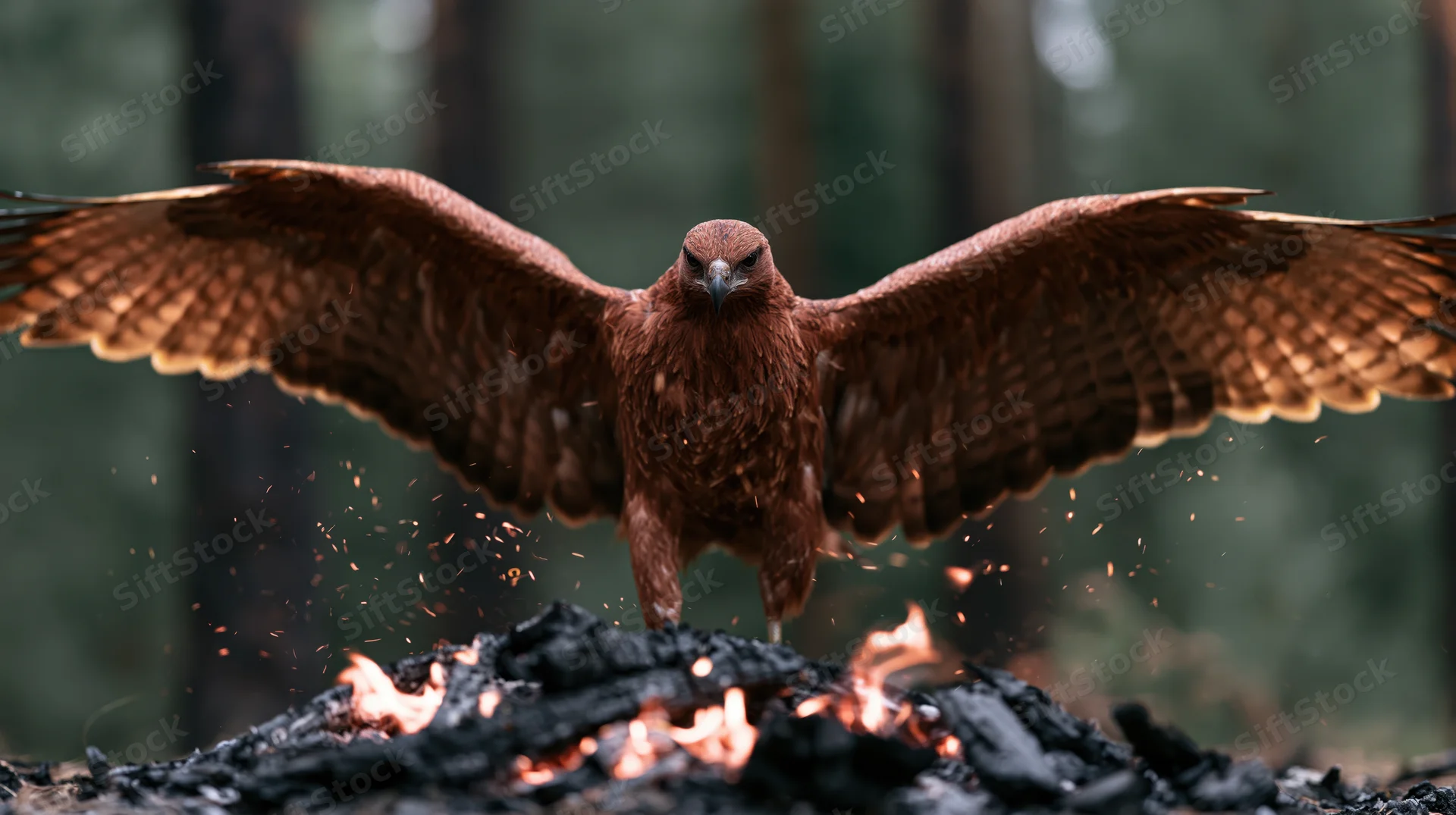 Hawk with wings spread landing on burning charred wood in forest