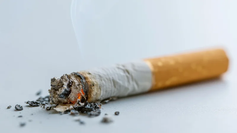 Lit cigarette butt with ash and smoke on a plain grey surface