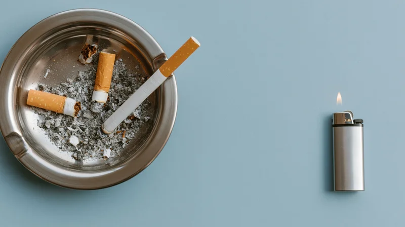 Lit cigarette resting across a metal ashtray beside a lighter on a blue surface