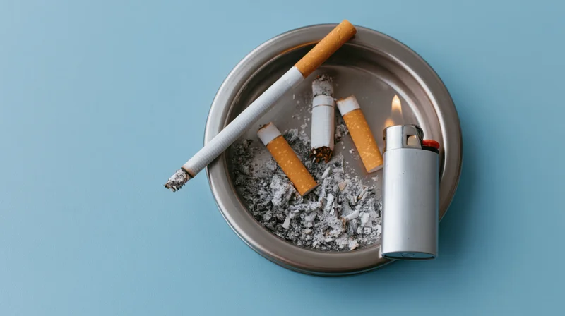Lit cigarette resting on a metal ashtray with cigarette butts and ash, beside a lighter on a blue surface