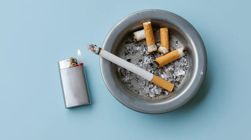Lit cigarette resting across a metal ashtray beside a lighter on a blue surface