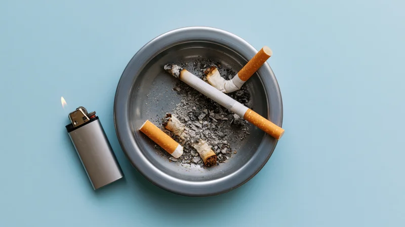 Lit cigarette resting across a round metal ashtray beside a lighter on a blue surface