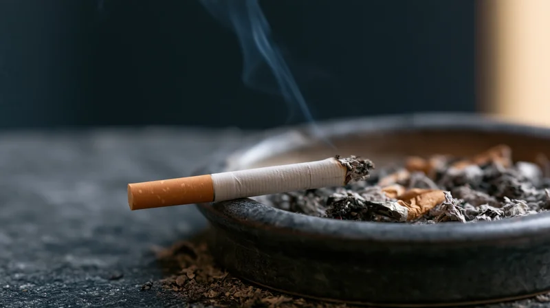 Lit cigarette resting on edge of dark ceramic ashtray with smoke rising