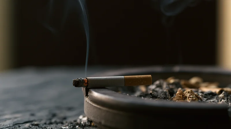 Lit cigarette resting on edge of dark ceramic ashtray with smoke rising