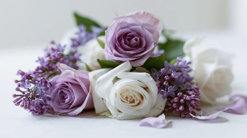 Loose arrangement of lavender roses and purple lilac blooms on a white surface