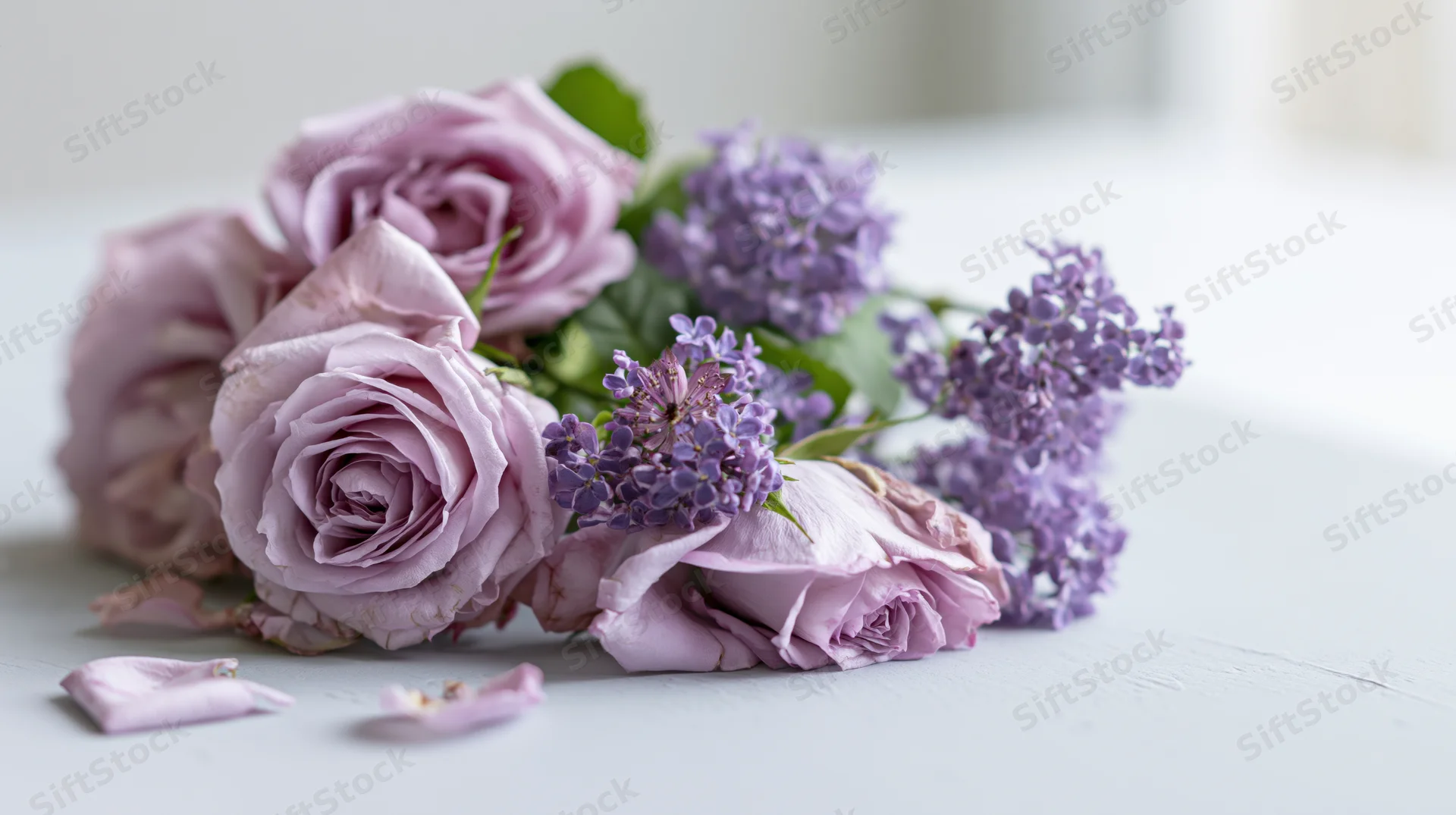 Lavender roses and purple lilac arranged loosely on a white surface
