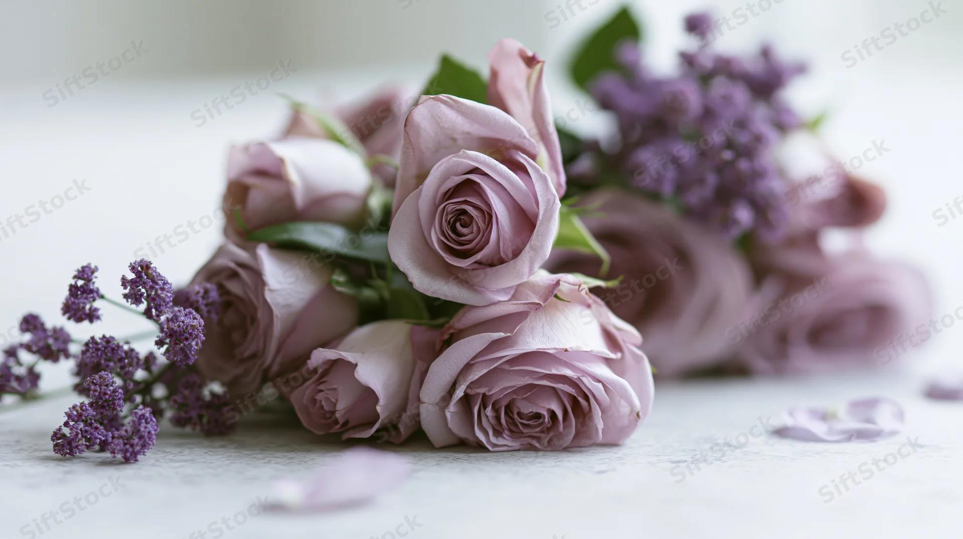 Loose arrangement of lavender roses and small purple lilac on a light surface