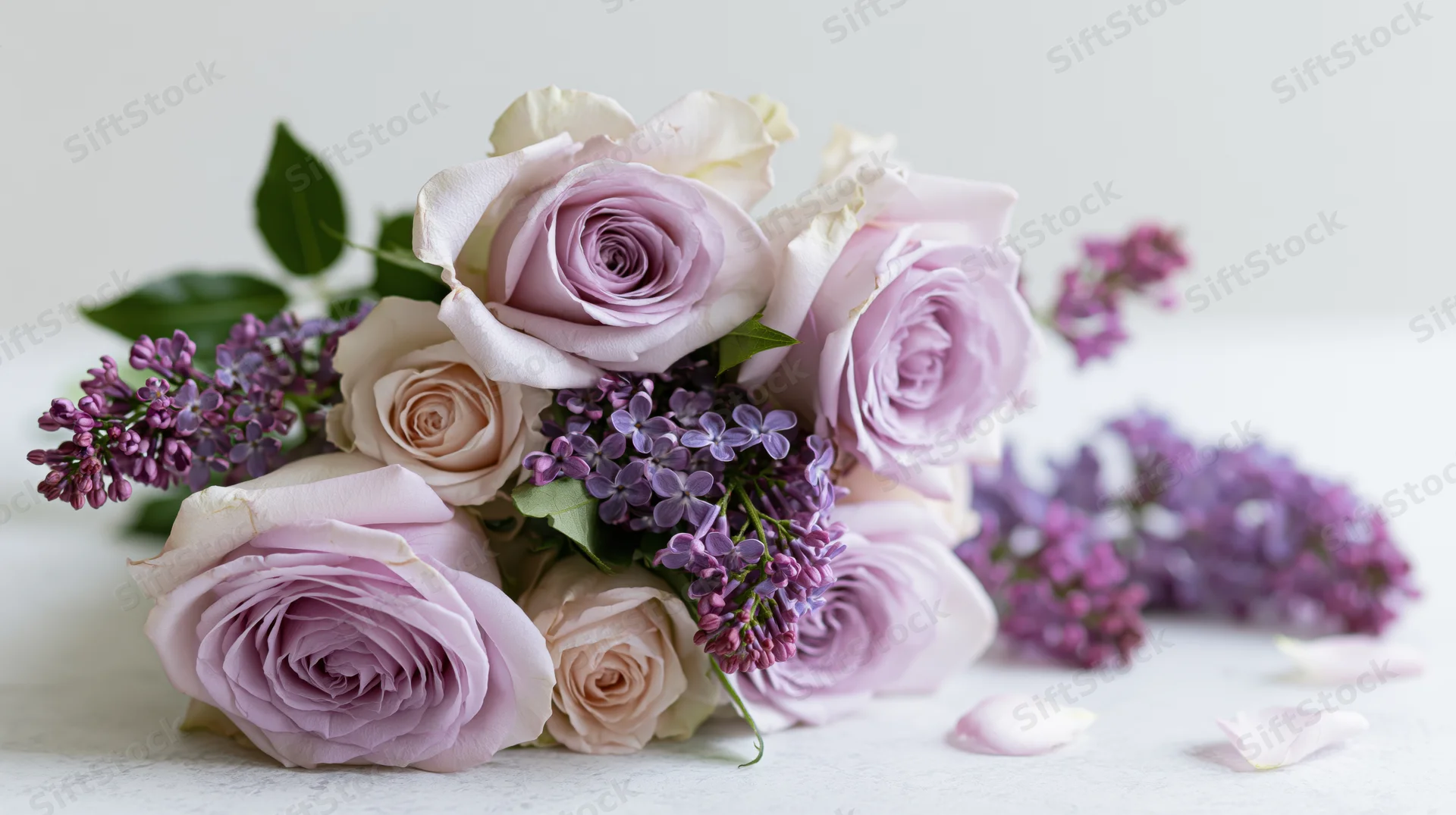 Loose bouquet of lavender roses and purple lilac on white surface