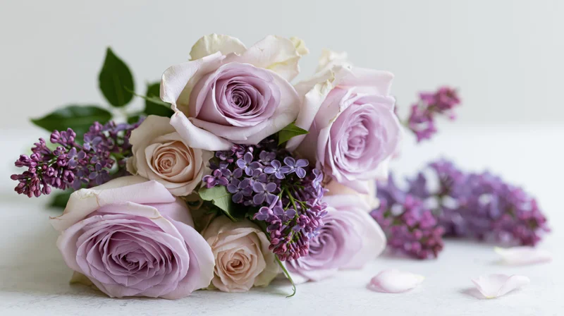 Loose bouquet of lavender roses and purple lilac on white surface