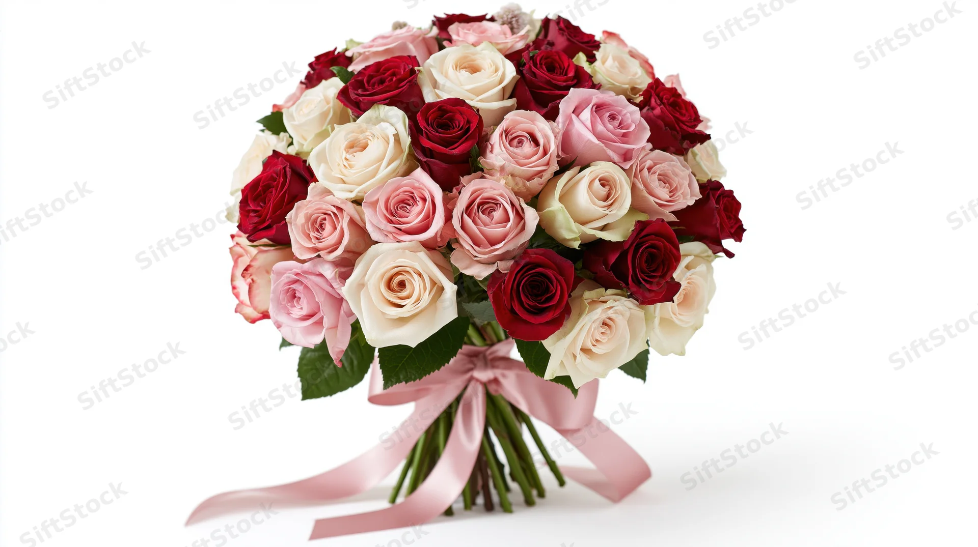 Lush bouquet of mixed red pink and cream roses tied with pink satin ribbon on white background