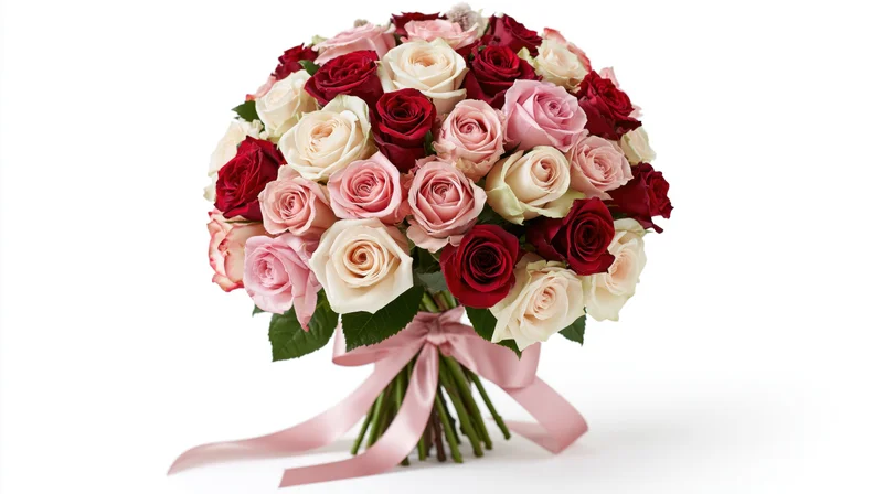 Lush bouquet of mixed red pink and cream roses tied with pink satin ribbon on white background