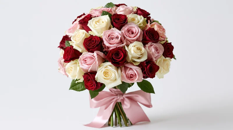 A lush bouquet of mixed red pink and cream roses tied with a pink satin ribbon on a white background