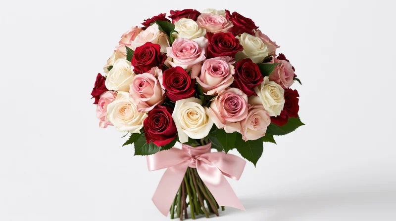 A bouquet of red pink and cream roses tied with a pink satin ribbon on a white background