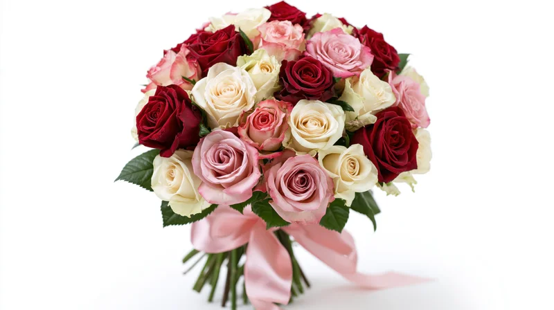 A bouquet of red, pink and cream roses tied with a pink ribbon on a white background