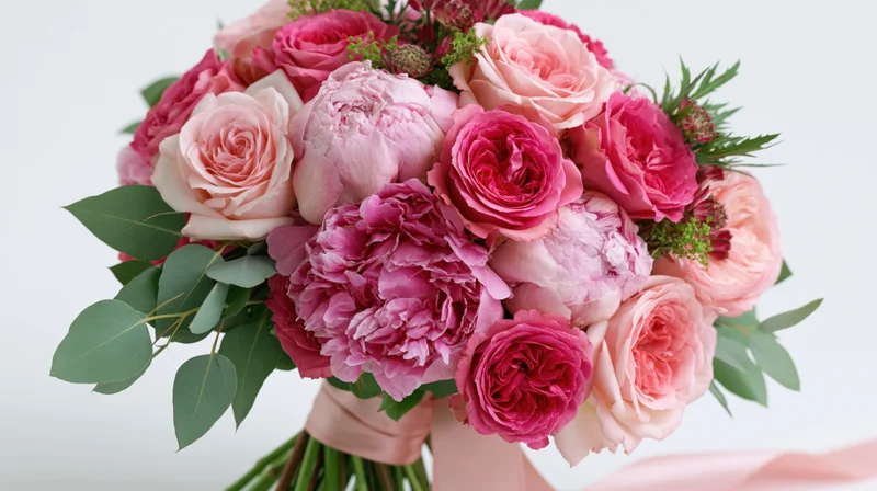 Lush bouquet of pink peonies and garden roses with greenery and ribbon on white background