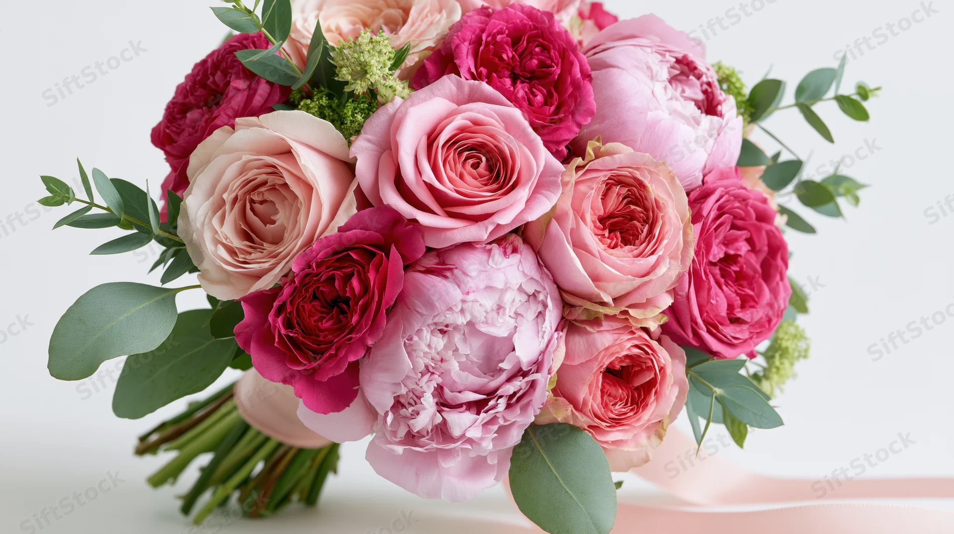 Lush bouquet of pink peonies and garden roses with greenery and ribbon on white background