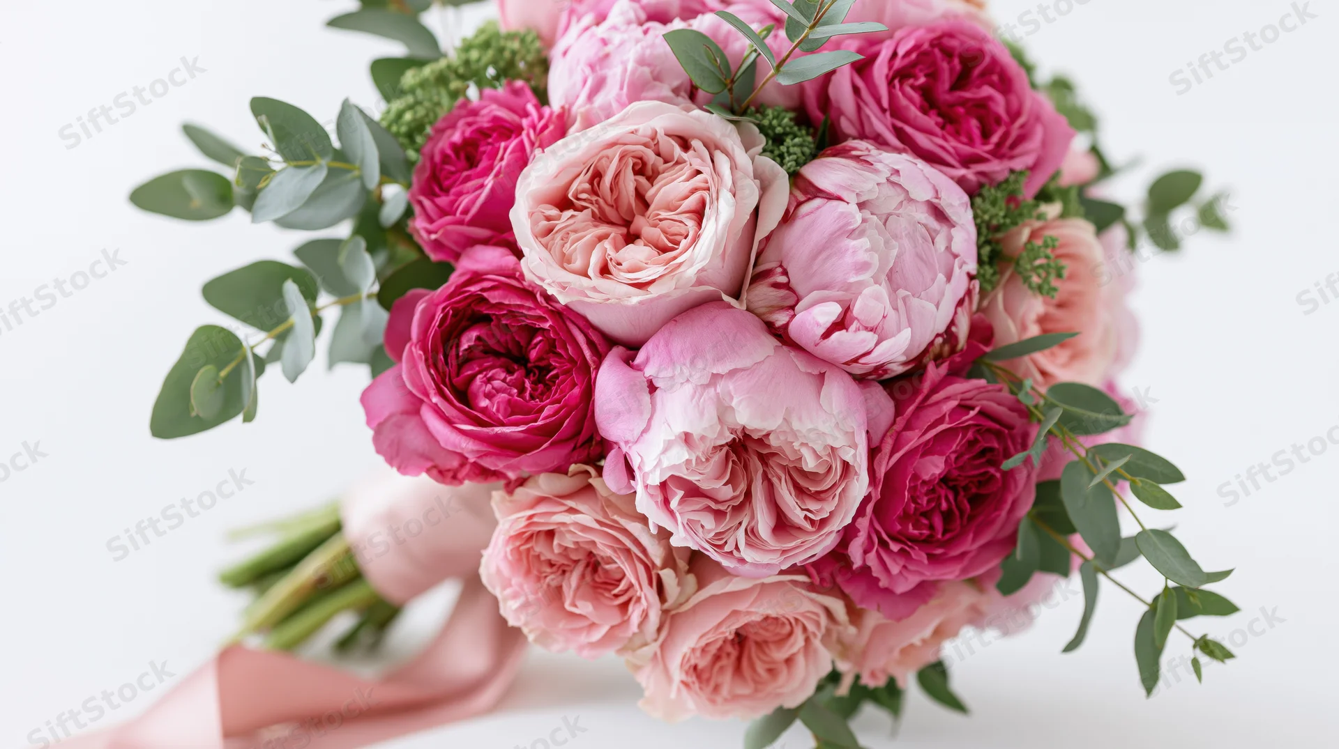 A hand holding a lush bouquet of pink peonies and garden roses with greenery and ribbon against a white background
