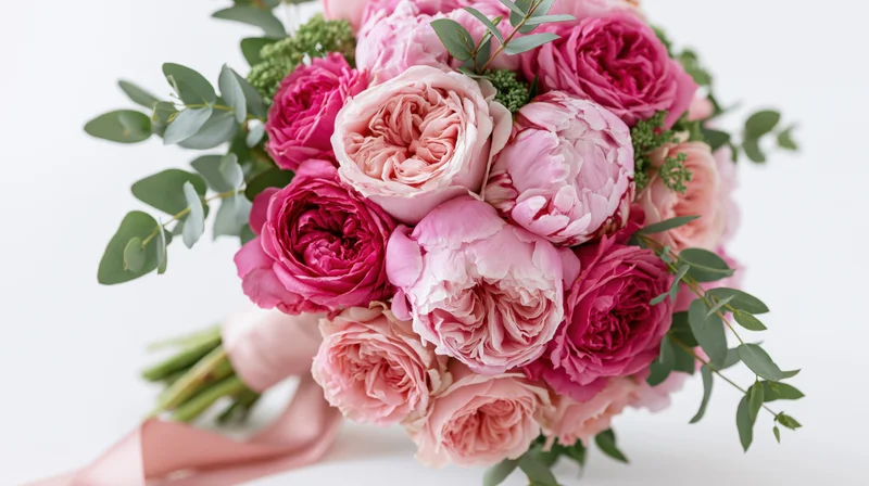 A hand holding a lush bouquet of pink peonies and garden roses with greenery and ribbon against a white background