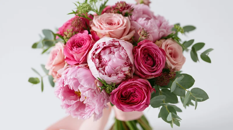 Hands holding a lush bouquet of pink peonies and garden roses with eucalyptus greenery against a white background