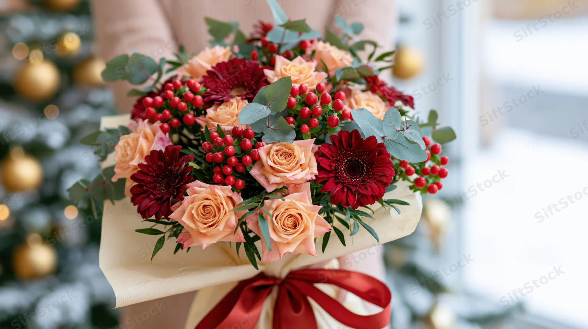 Person holding a festive holiday bouquet of roses, gerbera, berries, and eucalyptus wrapped in cream paper with a red ribbon in front of a decorated christmas tree