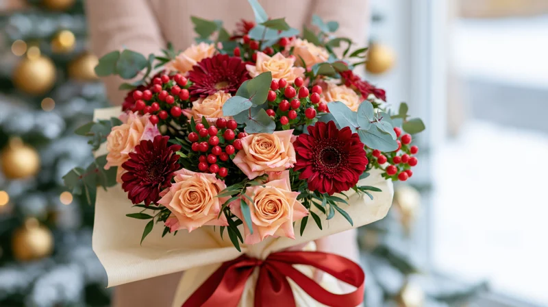 Person holding a festive holiday bouquet of roses, gerbera, berries, and eucalyptus wrapped in cream paper with a red ribbon in front of a decorated christmas tree