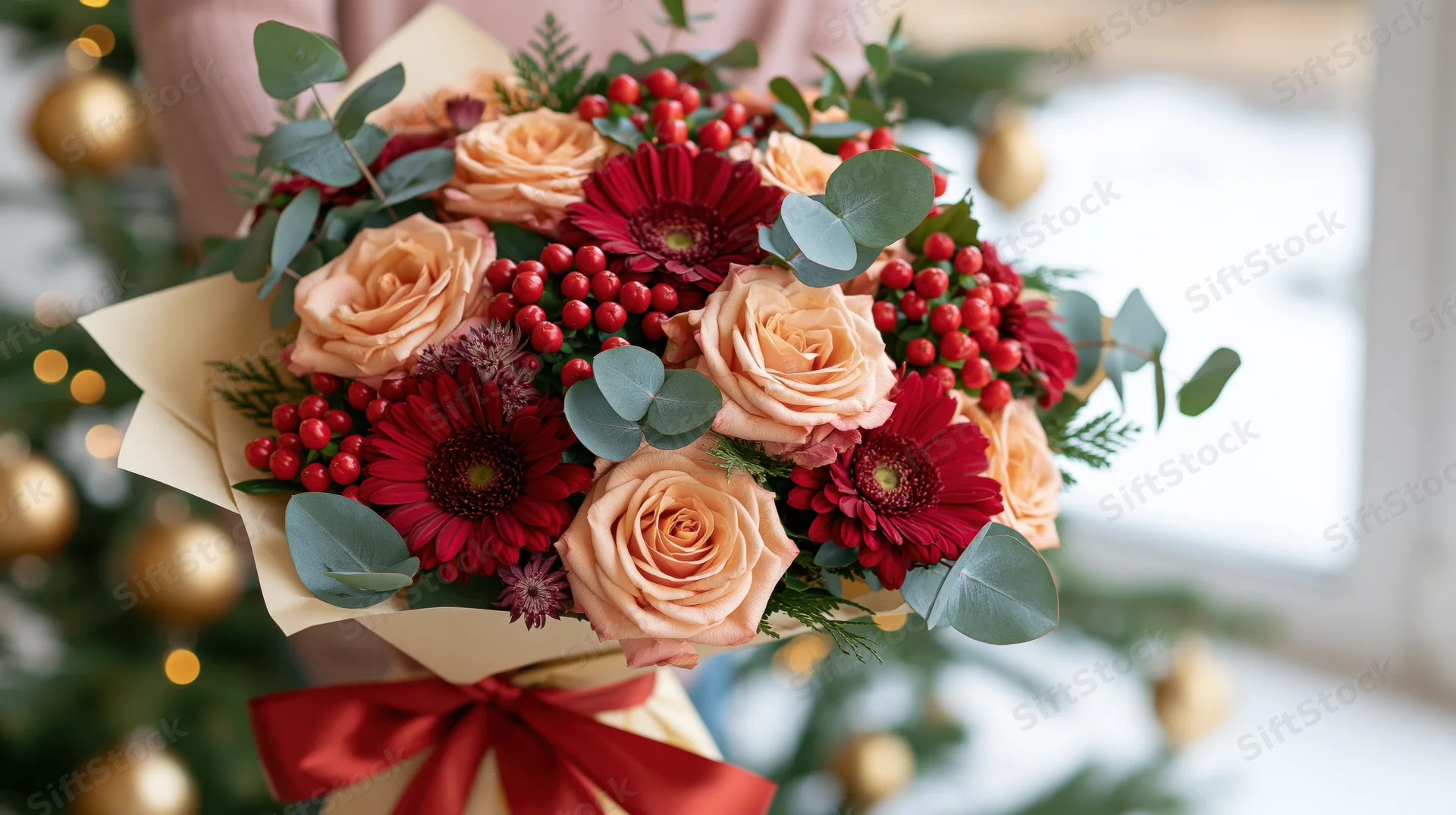 Lush holiday bouquet of roses and gerbera with red berries and eucalyptus held in front of a decorated christmas tree