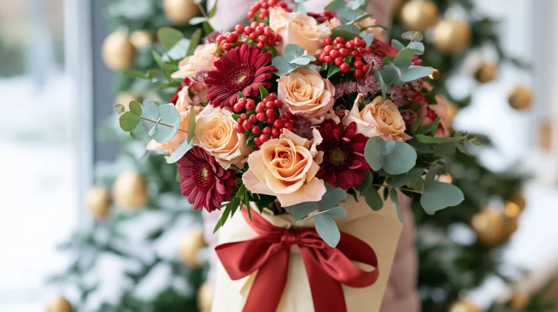 Lush holiday bouquet with roses, gerbera, eucalyptus and red berries wrapped in cream paper with red ribbon, held in front of a decorated christmas tree
