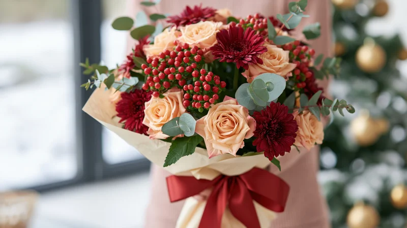Woman holding a festive holiday bouquet of roses, gerbera, berries and eucalyptus at chest level indoors near a decorated christmas tree