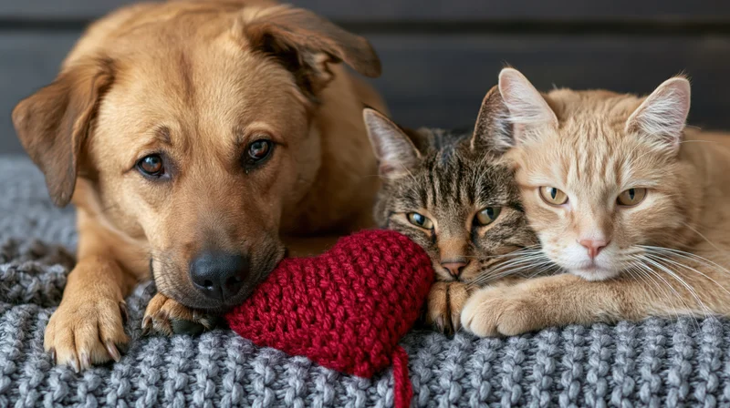 Dog and cat resting together on a gray knitted blanket with a red crocheted heart between them