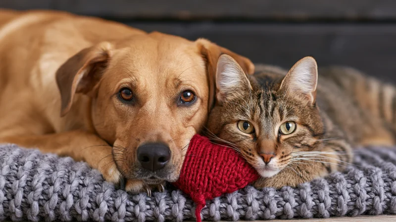 Dog and cat lying together on a knitted blanket indoors