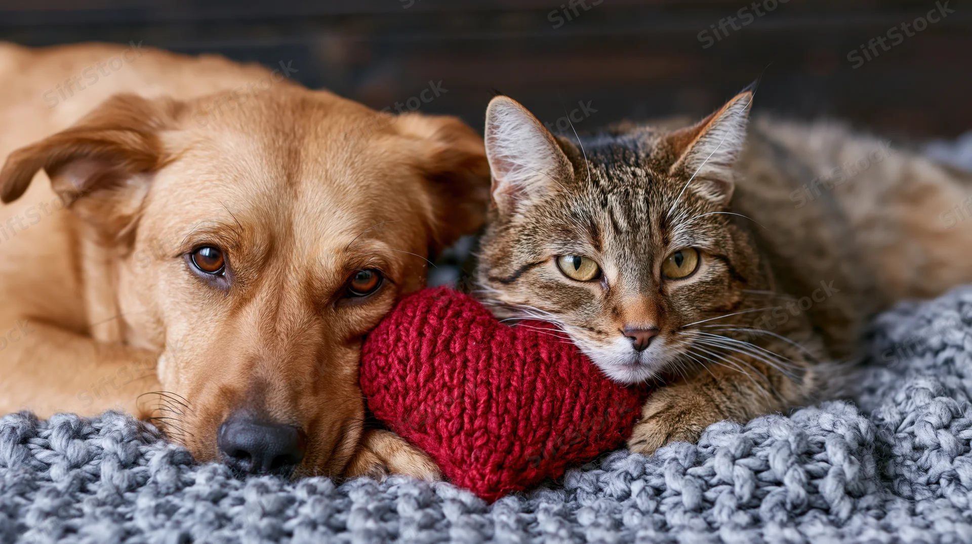 Dog and cat lying together on a gray knitted blanket with a red knitted heart between them