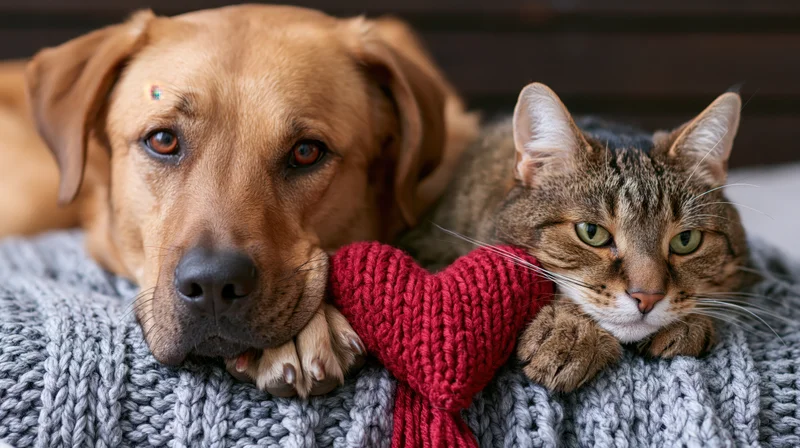 Dog and cat lying together on a knitted blanket with a red heart between them