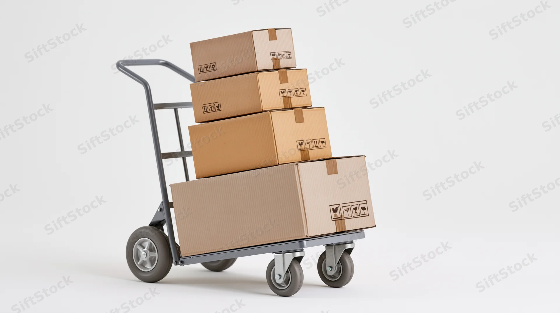 Metal hand truck loaded with stacked cardboard boxes on white background