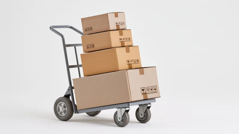 Metal hand truck loaded with stacked cardboard boxes on white background