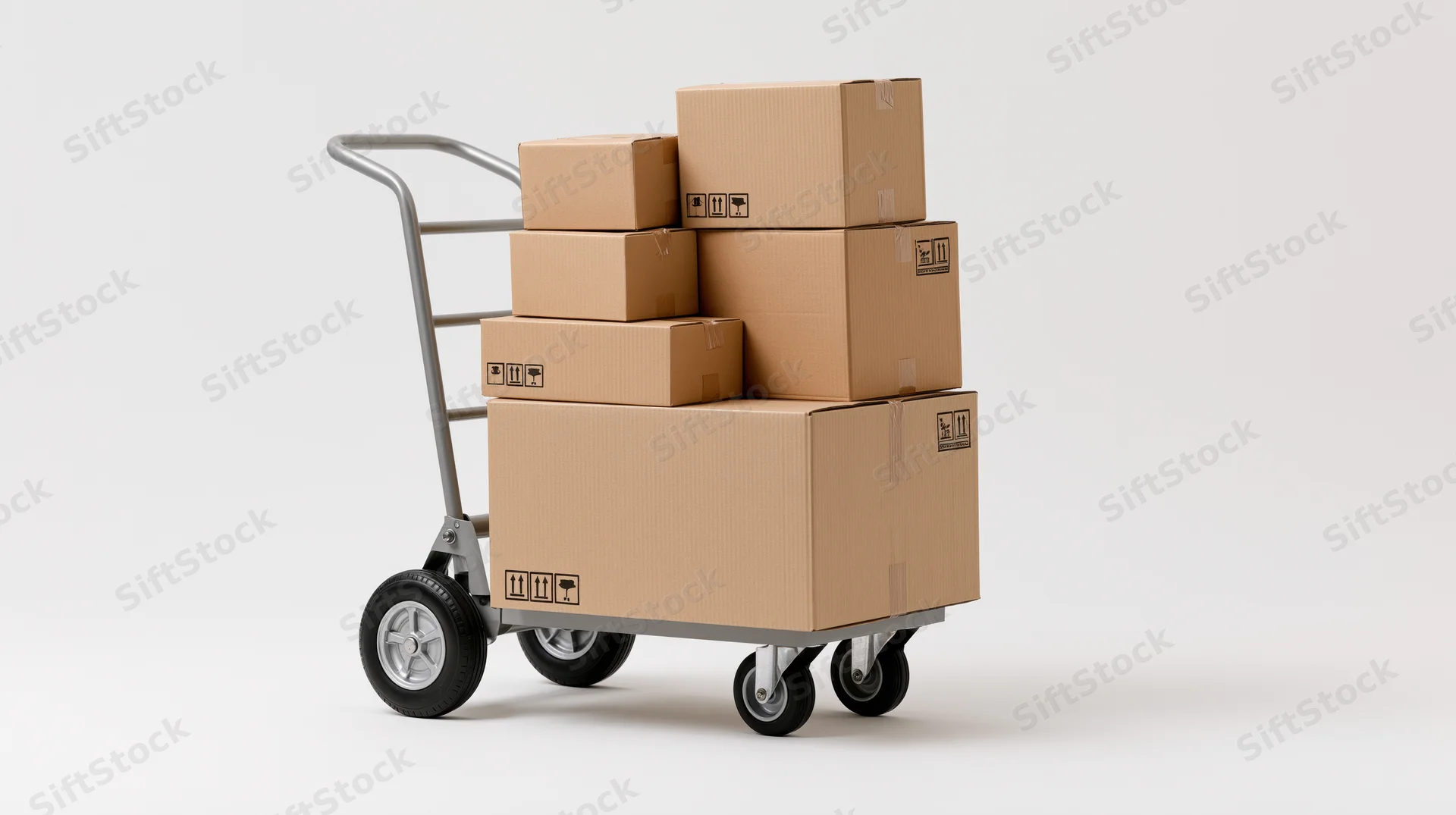 Metal hand truck loaded with stacked cardboard boxes on white background