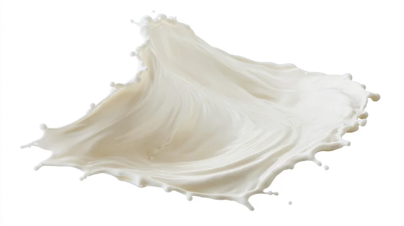Milk splash frozen in mid-air forming a curved wave shape against white background