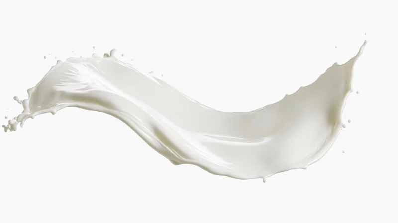 Milk splash frozen in mid-air forming a curved wave against white background