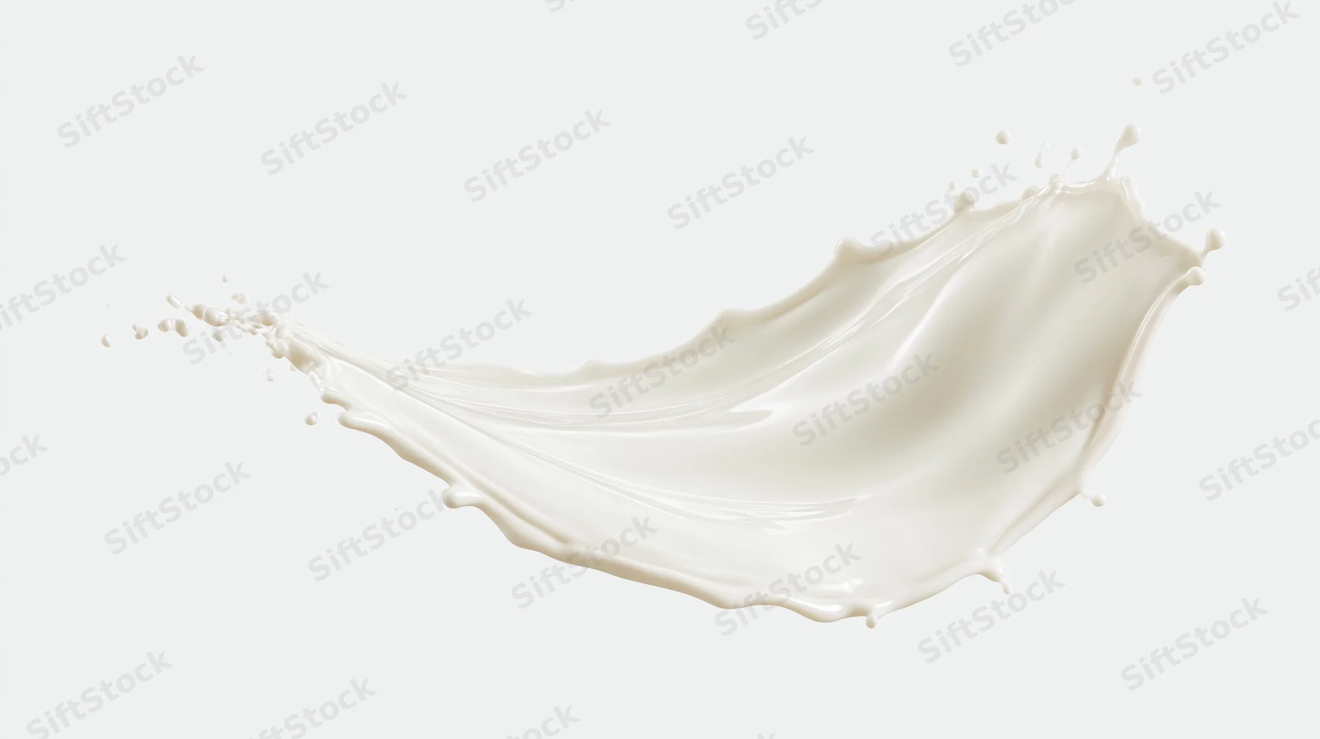 Milk splash frozen in motion forming a curved wave against a plain white background