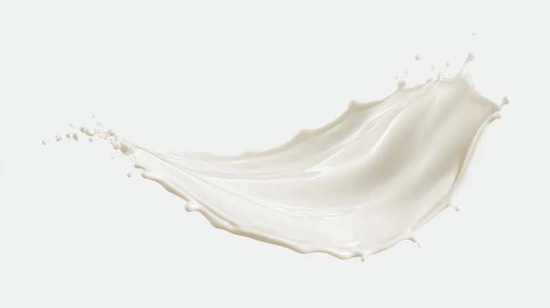 Milk splash frozen in motion forming a curved wave against a plain white background