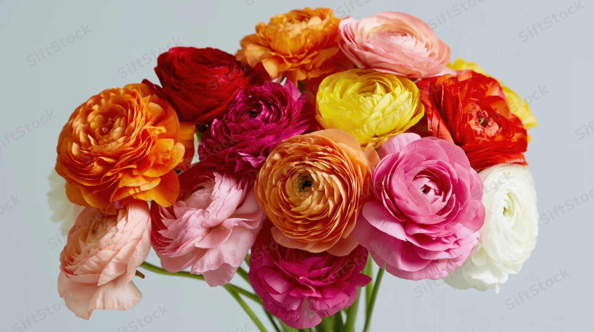 A dense bouquet of ranunculus flowers in full bloom against a light gray background