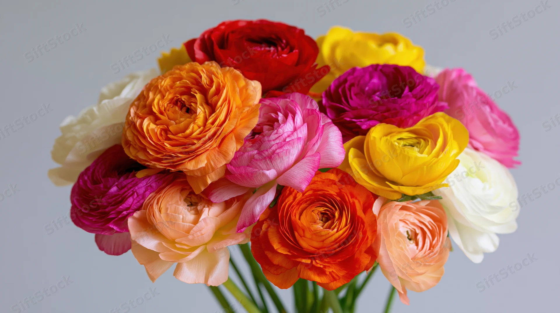A dense bouquet of multicolored ranunculus flowers in full bloom against a light gray background