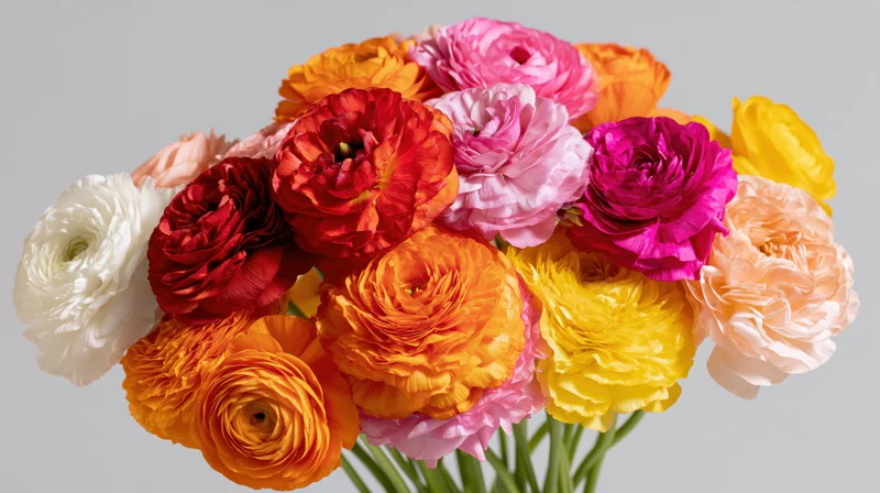 A dense bouquet of colorful ranunculus flowers in full bloom against a plain background