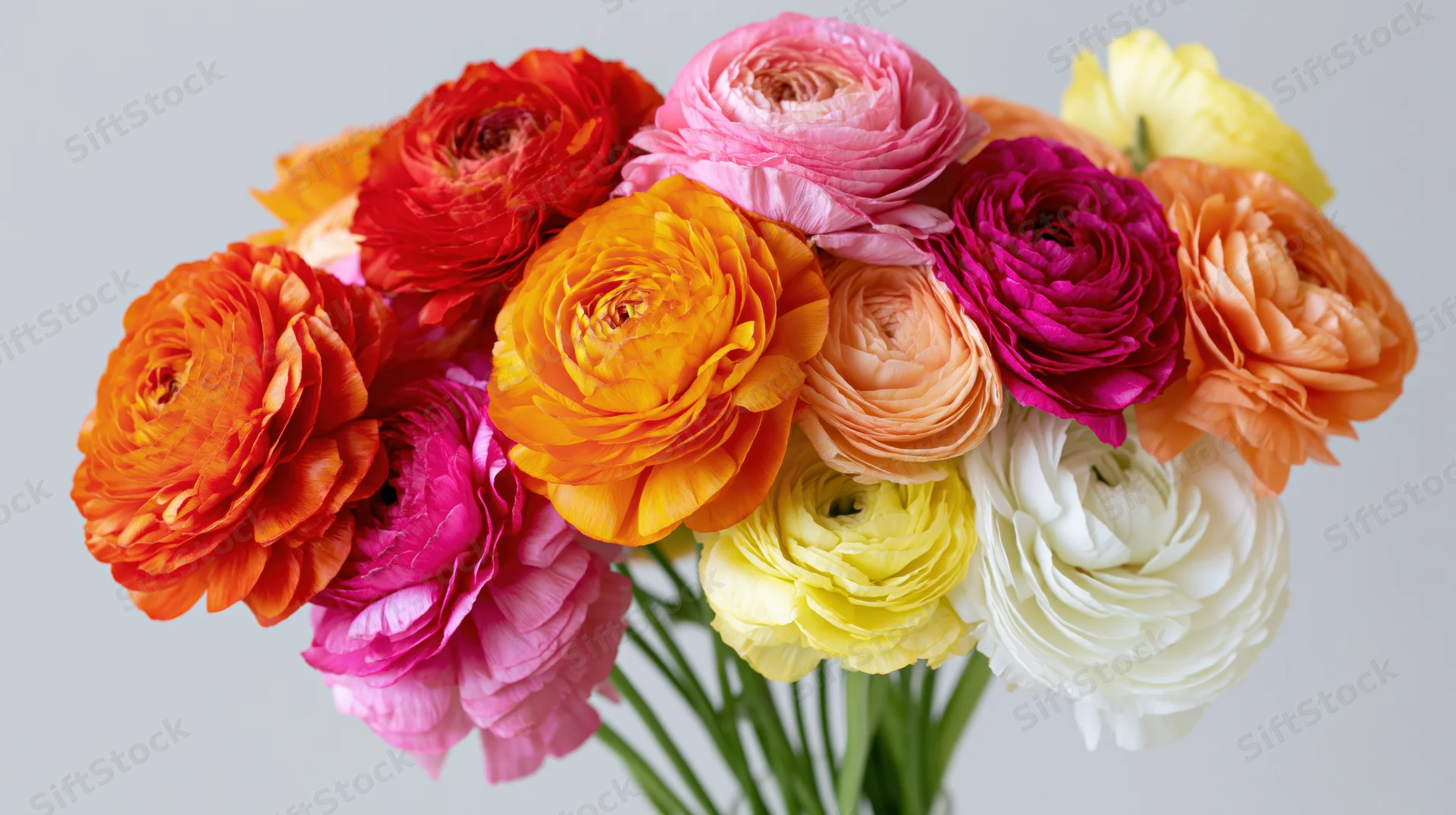 A dense bouquet of ranunculus flowers in full bloom arranged in a vase against a light gray background
