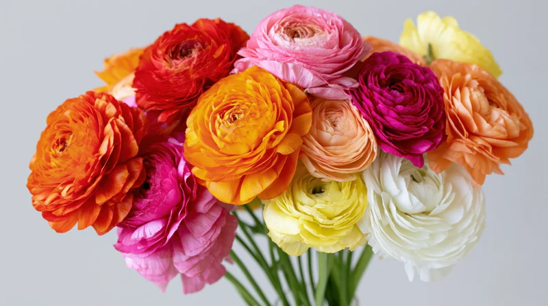 A dense bouquet of ranunculus flowers in full bloom arranged in a vase against a light gray background