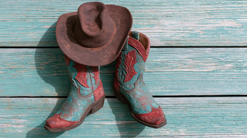 Decorative ceramic cowboy boots with turquoise and red patterns and a brown hat on a weathered teal wooden plank surface