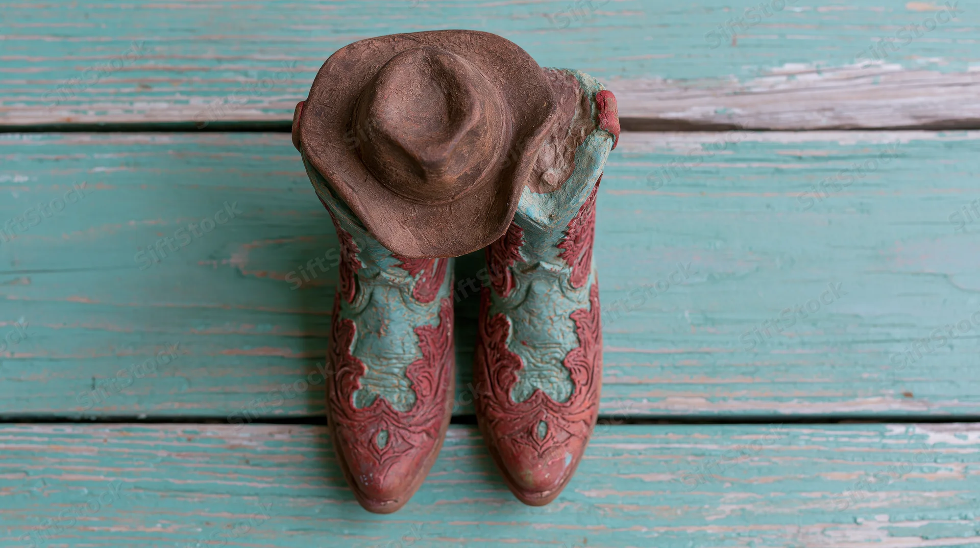 Decorative ceramic cowboy boots with turquoise and red patterns on a weathered wooden surface