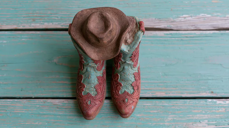 Decorative ceramic cowboy boots with turquoise and red patterns on a weathered wooden surface