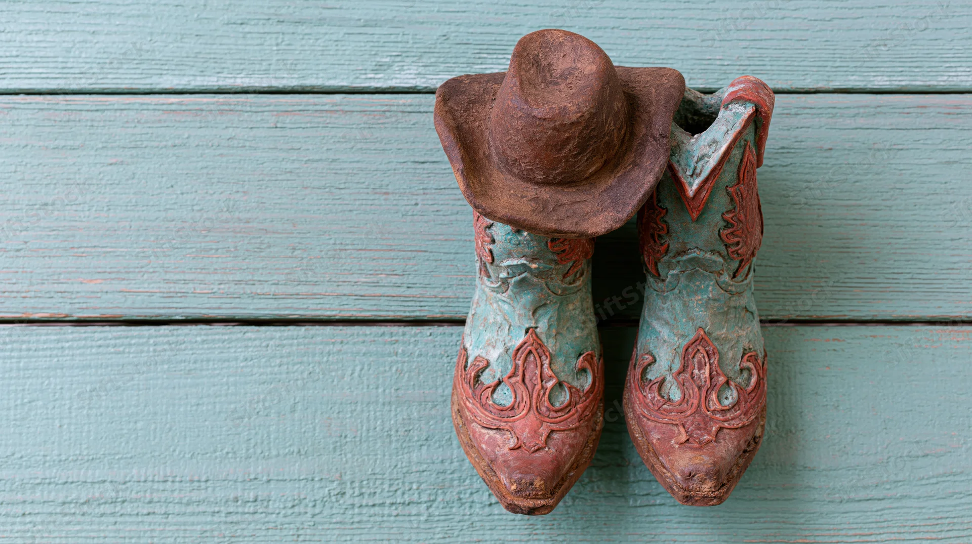 Decorative ceramic cowboy boots with turquoise and red detailing and a small cowboy hat on a weathered teal wooden surface