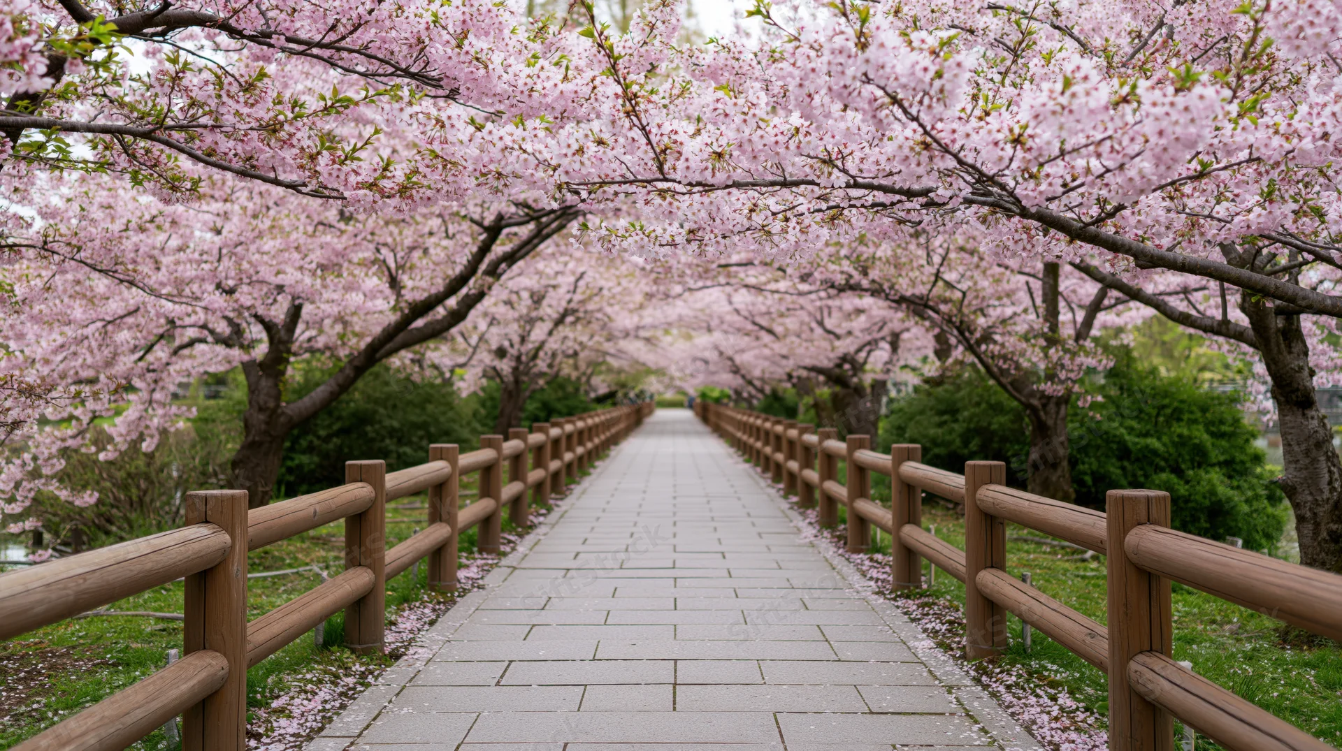 Paved pathway lined with wooden rail fences under blooming cherry trees in a garden